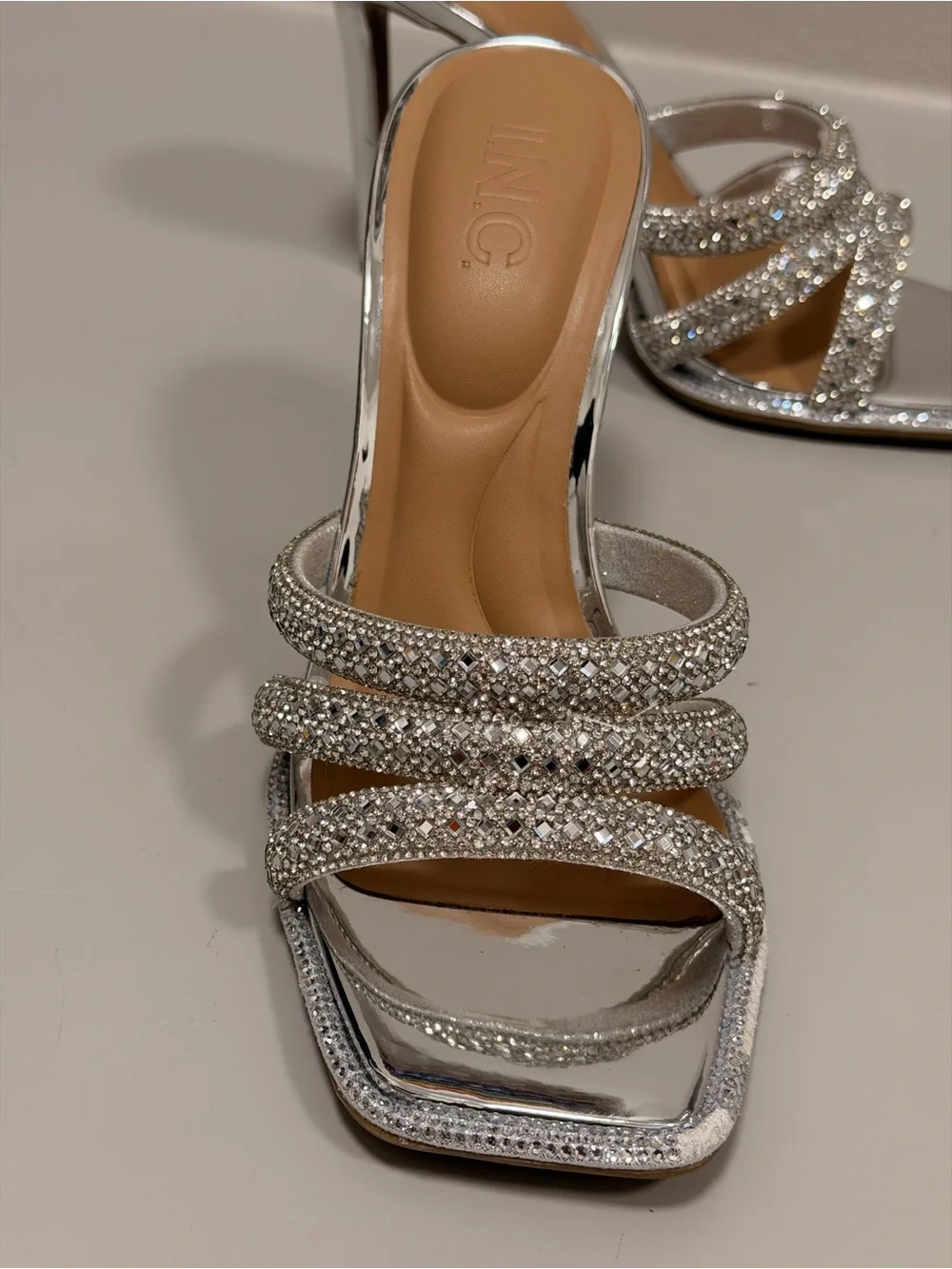 INC International Concepts Silver Crystal Multi-Strap Slide Heels